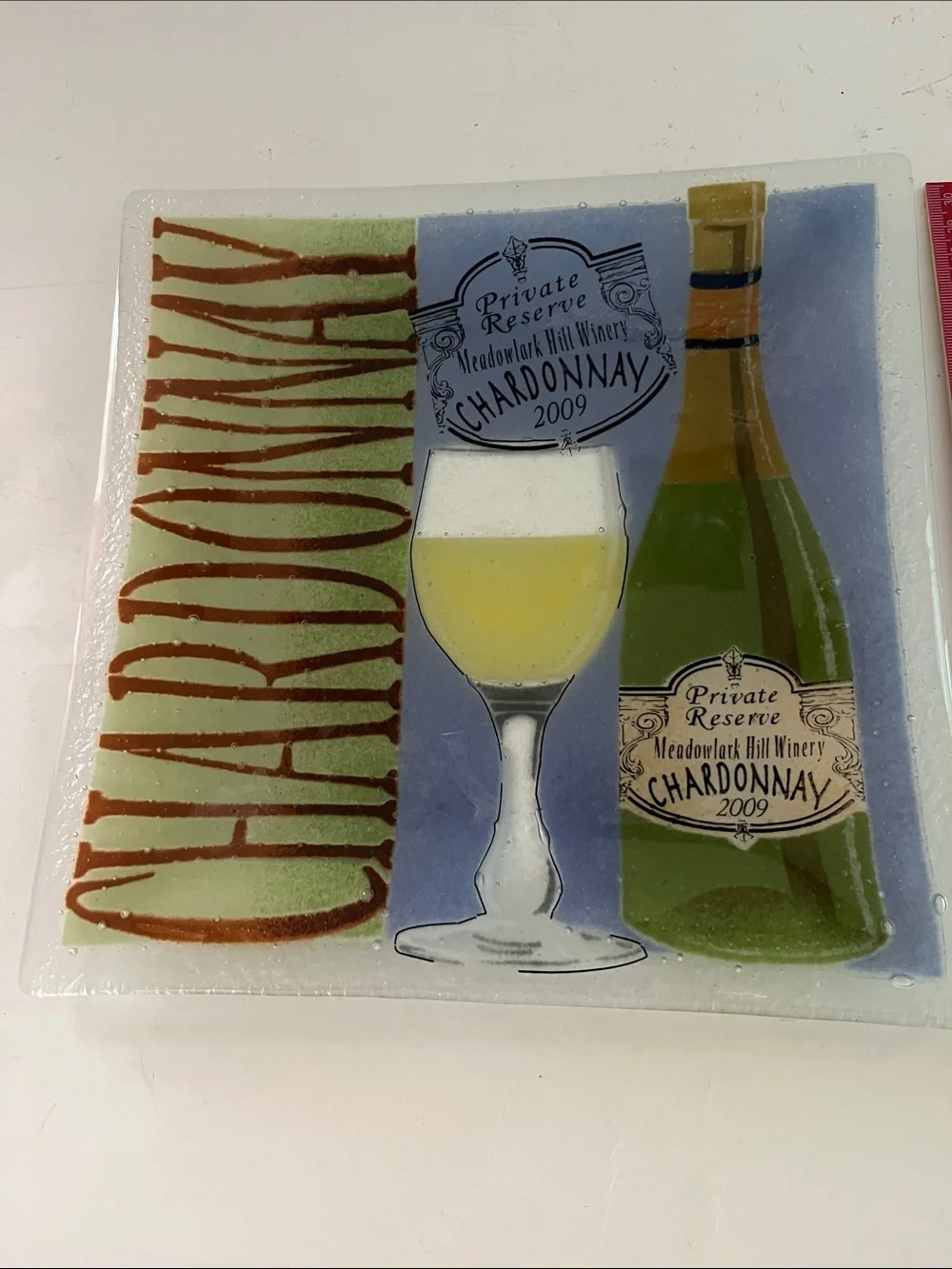 Chardonnay Decorative Glass Tray with Wine Bottle and Glass Design approx. 10x10